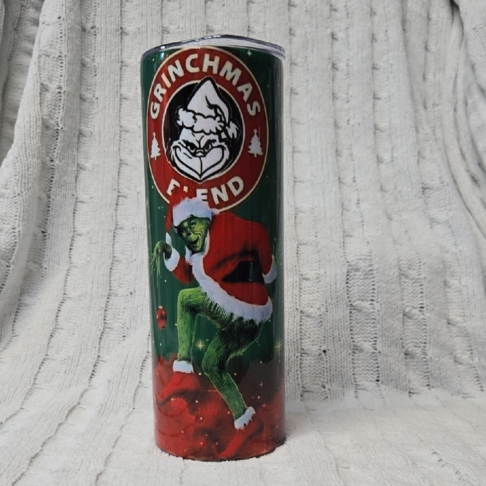 Hand Crafted Grinchmas Fiend Green and Red Thermos 20oz.
